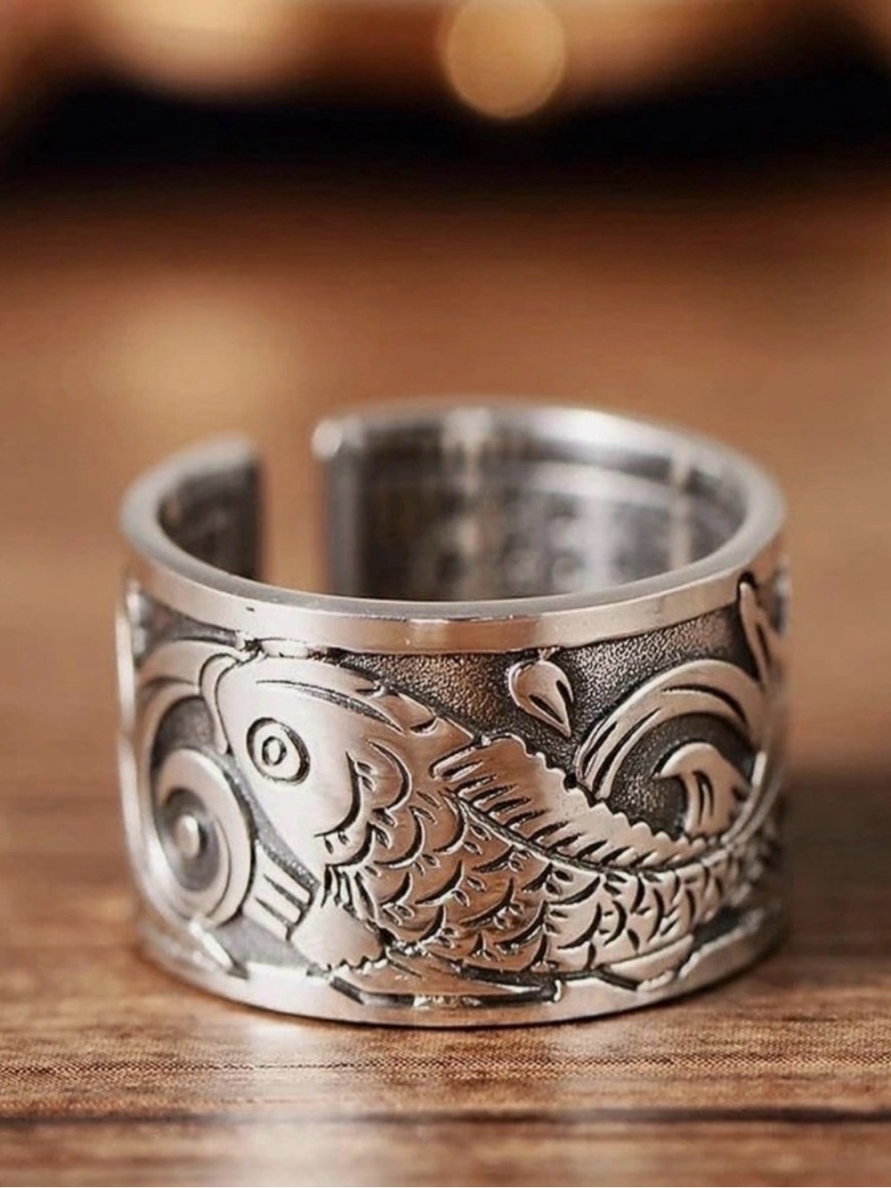 Vintage Silver Fish Carved Ring. Adjustable. NWT.